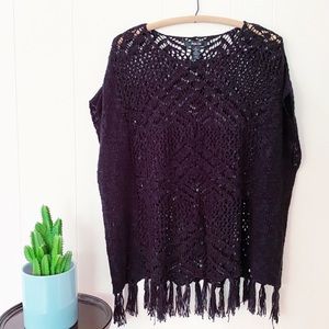 ❌SOLD❌Black Crochet Hippie Goth Fringe Geometric Oversized Beach Pool Coverup